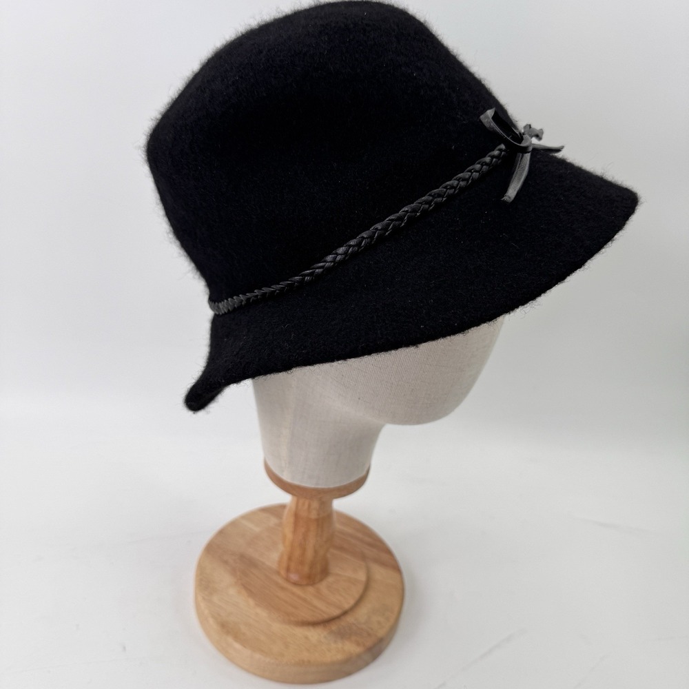 Vintage Liz Claiborne Fuzzy Bucket Hat Black Women Wool Blend Y2K 90s Bow